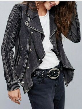 Free People Ruffle Moto Sweater Jacket Knit Double Breasted Convertible